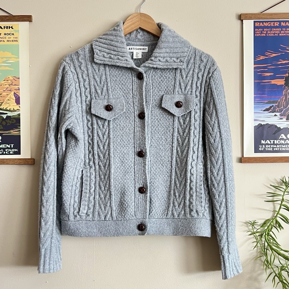 Cableknit Cardigan Women's Gray Size S Vintage Inspired Button Outdoor Cabincore